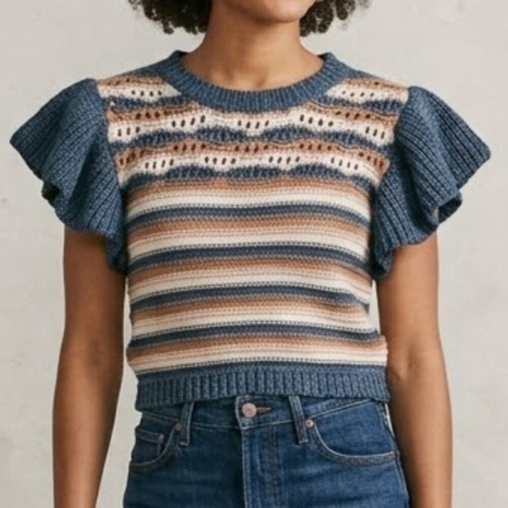 Entro Striped Knit Ruffle Sleeve Top Size S Blue Tan Boho Sweater Top